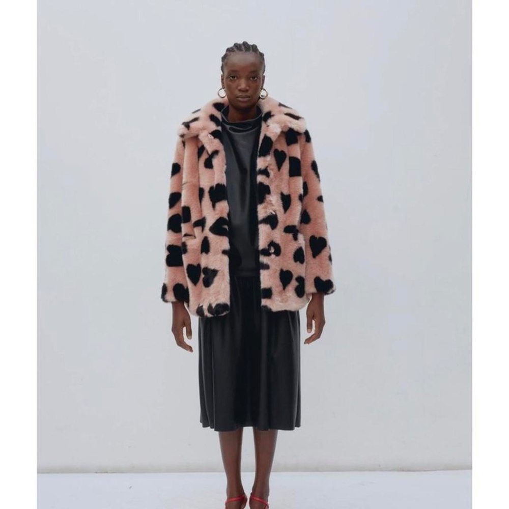JAKKE Tilly Faux Fur Jacket - Heather Pink & Black HEART Print US8